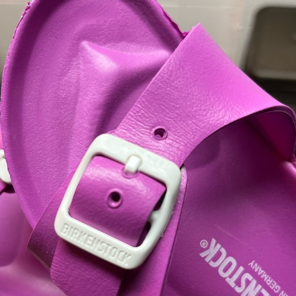 Birkenstock Pink/Purple Slide Sandals with White Buckle - Picture 5 of 5